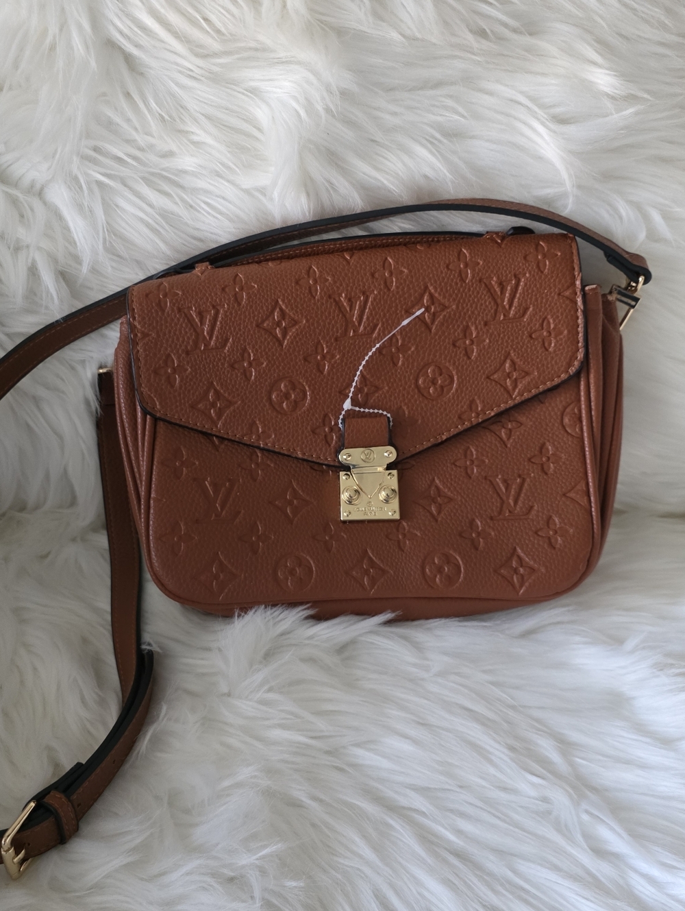 Cognac Faux Leather Monogram Embossed Crossbody Bag